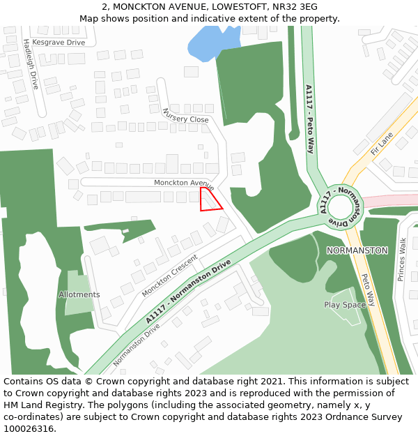 2, MONCKTON AVENUE, LOWESTOFT, NR32 3EG: Location map and indicative extent of plot