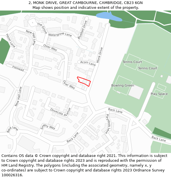 2, MONK DRIVE, GREAT CAMBOURNE, CAMBRIDGE, CB23 6GN: Location map and indicative extent of plot