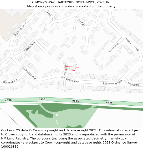 2, MONKS WAY, HARTFORD, NORTHWICH, CW8 1NL: Location map and indicative extent of plot