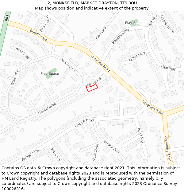 2, MONKSFIELD, MARKET DRAYTON, TF9 3QU: Location map and indicative extent of plot