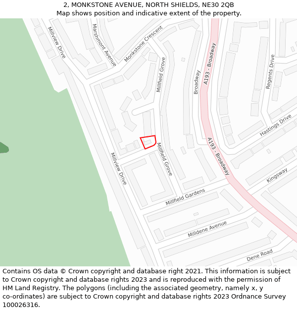 2, MONKSTONE AVENUE, NORTH SHIELDS, NE30 2QB: Location map and indicative extent of plot