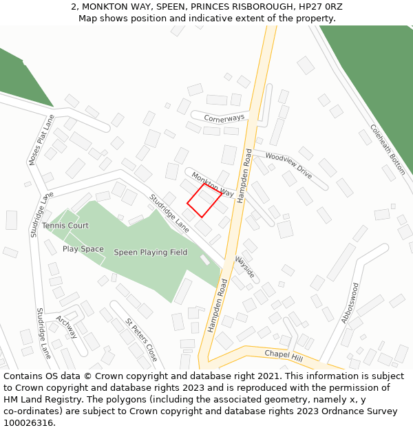 2, MONKTON WAY, SPEEN, PRINCES RISBOROUGH, HP27 0RZ: Location map and indicative extent of plot