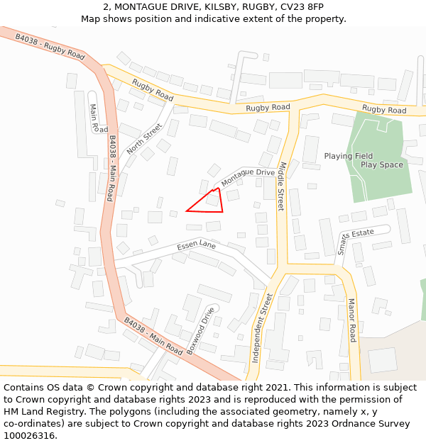 2, MONTAGUE DRIVE, KILSBY, RUGBY, CV23 8FP: Location map and indicative extent of plot