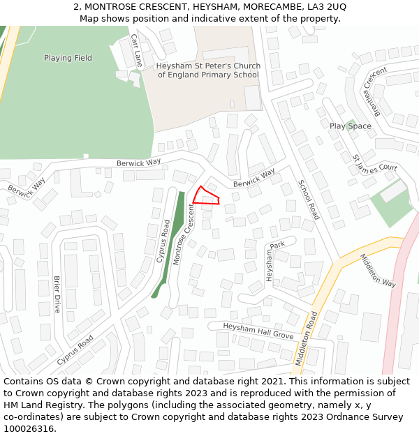 2, MONTROSE CRESCENT, HEYSHAM, MORECAMBE, LA3 2UQ: Location map and indicative extent of plot