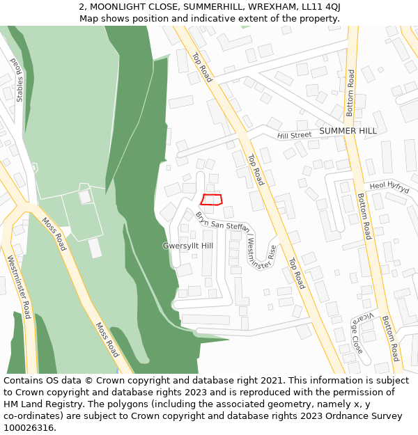 2, MOONLIGHT CLOSE, SUMMERHILL, WREXHAM, LL11 4QJ: Location map and indicative extent of plot