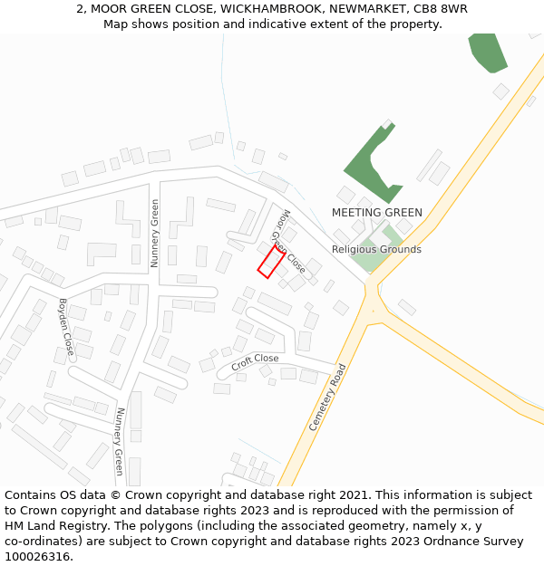 2, MOOR GREEN CLOSE, WICKHAMBROOK, NEWMARKET, CB8 8WR: Location map and indicative extent of plot