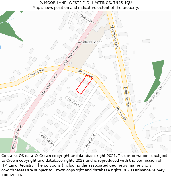 2, MOOR LANE, WESTFIELD, HASTINGS, TN35 4QU: Location map and indicative extent of plot