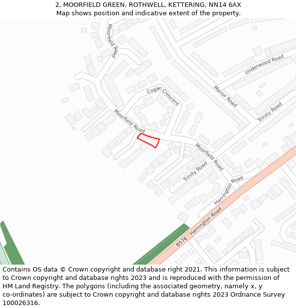 2, MOORFIELD GREEN, ROTHWELL, KETTERING, NN14 6AX: Location map and indicative extent of plot