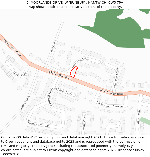 2, MOORLANDS DRIVE, WYBUNBURY, NANTWICH, CW5 7PA: Location map and indicative extent of plot