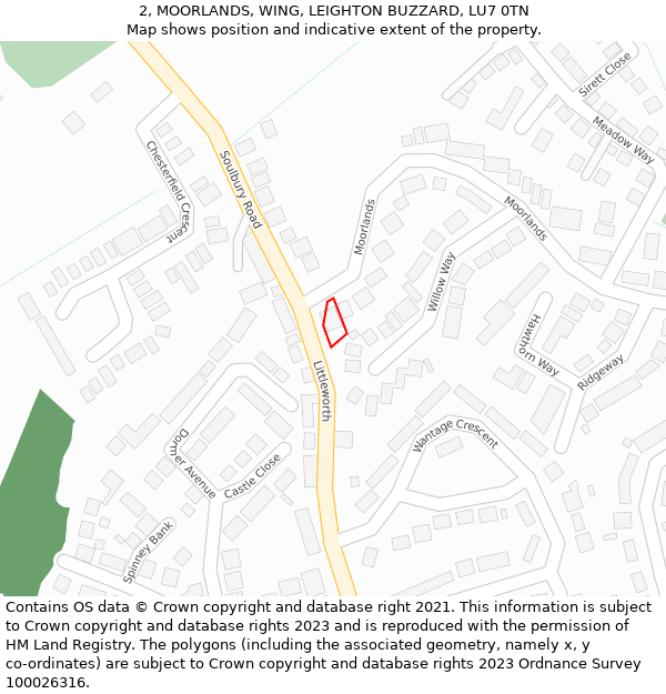 2, MOORLANDS, WING, LEIGHTON BUZZARD, LU7 0TN: Location map and indicative extent of plot