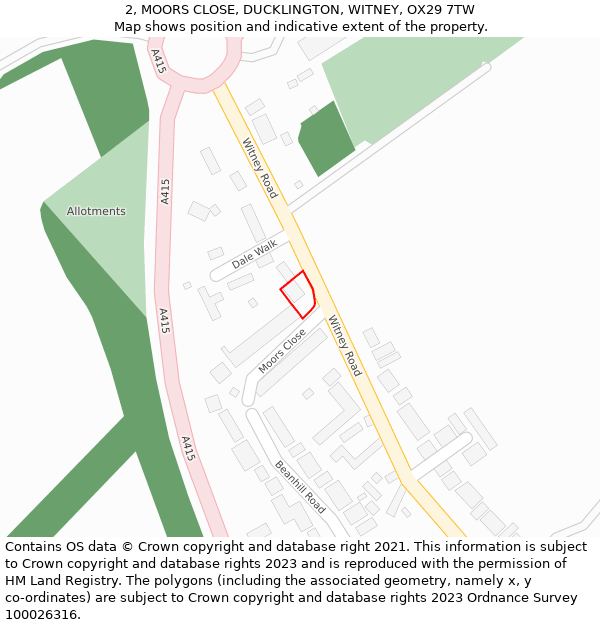 2, MOORS CLOSE, DUCKLINGTON, WITNEY, OX29 7TW: Location map and indicative extent of plot