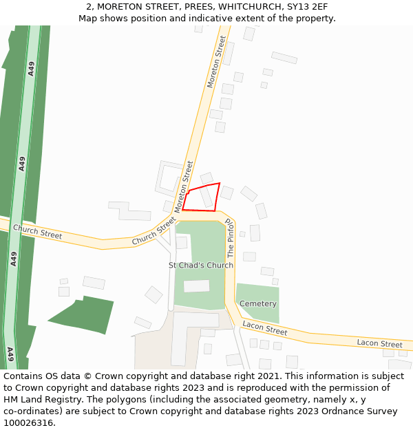 2, MORETON STREET, PREES, WHITCHURCH, SY13 2EF: Location map and indicative extent of plot