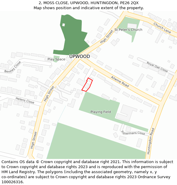 2, MOSS CLOSE, UPWOOD, HUNTINGDON, PE26 2QX: Location map and indicative extent of plot