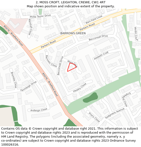 2, MOSS CROFT, LEIGHTON, CREWE, CW1 4RT: Location map and indicative extent of plot