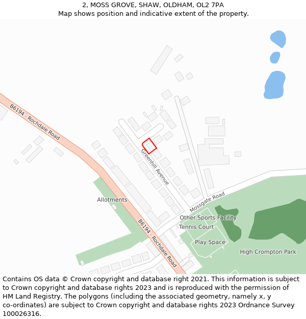 2, MOSS GROVE, SHAW, OLDHAM, OL2 7PA: Location map and indicative extent of plot