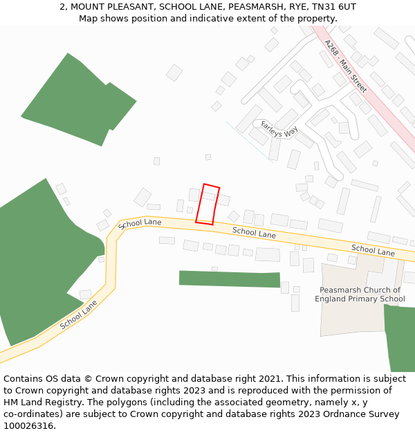 2, MOUNT PLEASANT, SCHOOL LANE, PEASMARSH, RYE, TN31 6UT: Location map and indicative extent of plot