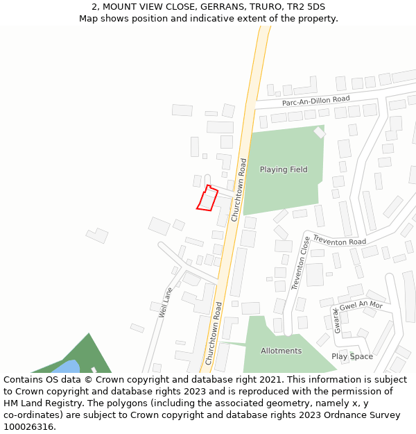 2, MOUNT VIEW CLOSE, GERRANS, TRURO, TR2 5DS: Location map and indicative extent of plot