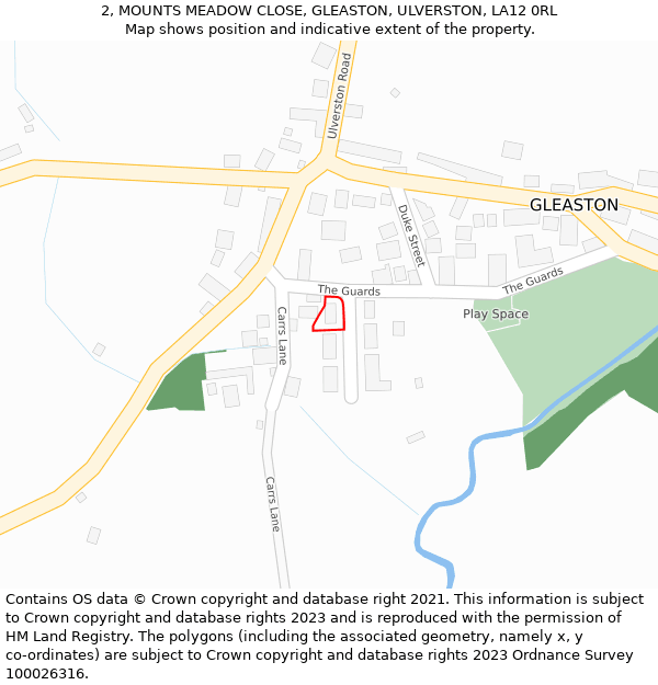 2, MOUNTS MEADOW CLOSE, GLEASTON, ULVERSTON, LA12 0RL: Location map and indicative extent of plot