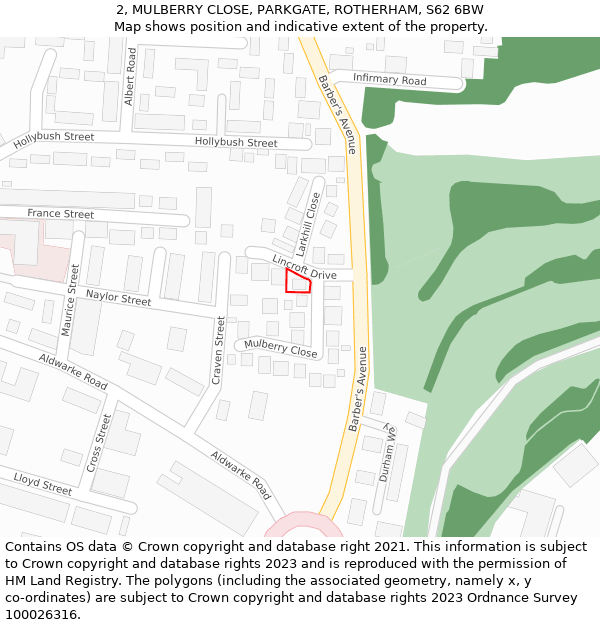2, MULBERRY CLOSE, PARKGATE, ROTHERHAM, S62 6BW: Location map and indicative extent of plot