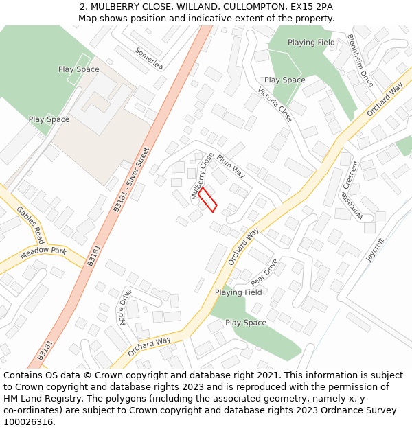 2, MULBERRY CLOSE, WILLAND, CULLOMPTON, EX15 2PA: Location map and indicative extent of plot