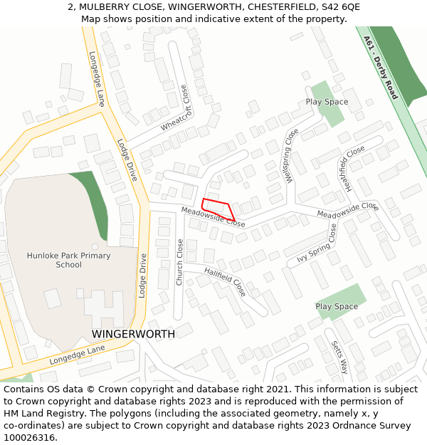 2, MULBERRY CLOSE, WINGERWORTH, CHESTERFIELD, S42 6QE: Location map and indicative extent of plot