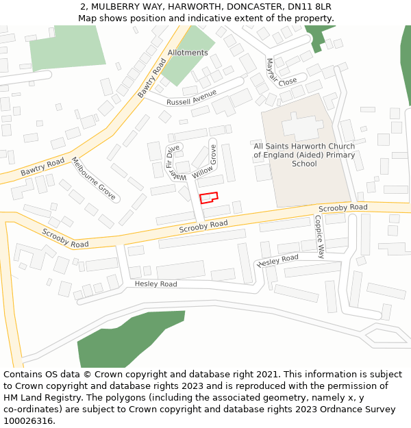 2, MULBERRY WAY, HARWORTH, DONCASTER, DN11 8LR: Location map and indicative extent of plot