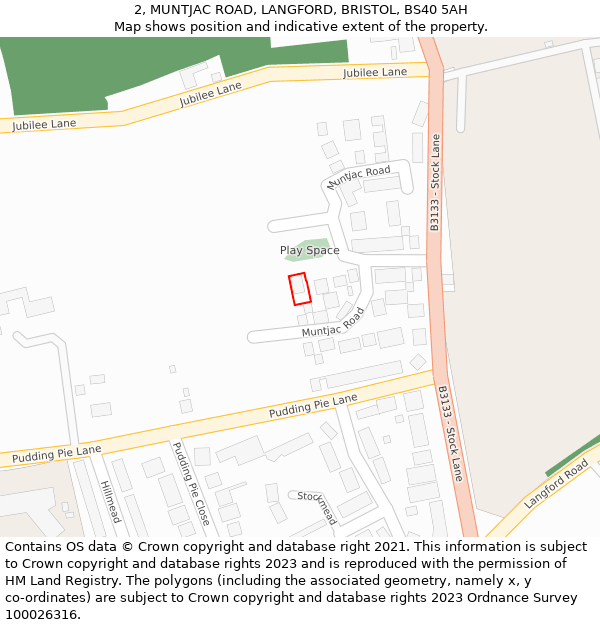 2, MUNTJAC ROAD, LANGFORD, BRISTOL, BS40 5AH: Location map and indicative extent of plot