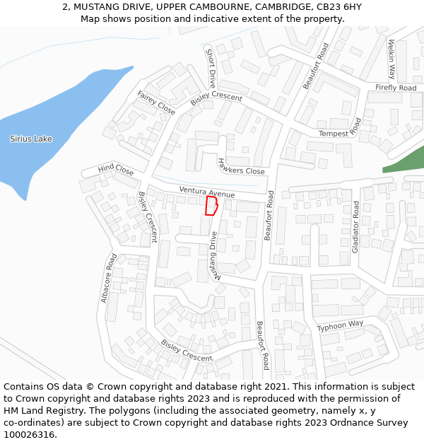 2, MUSTANG DRIVE, UPPER CAMBOURNE, CAMBRIDGE, CB23 6HY: Location map and indicative extent of plot