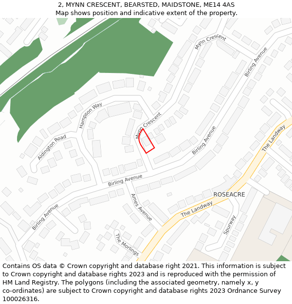 2, MYNN CRESCENT, BEARSTED, MAIDSTONE, ME14 4AS: Location map and indicative extent of plot