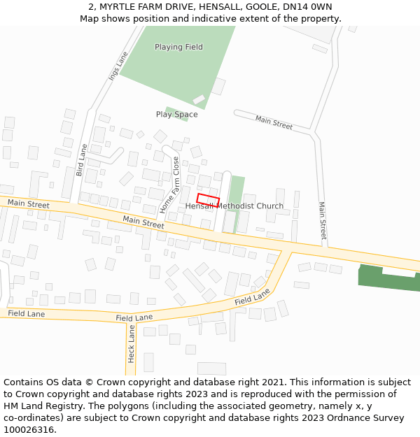 2, MYRTLE FARM DRIVE, HENSALL, GOOLE, DN14 0WN: Location map and indicative extent of plot