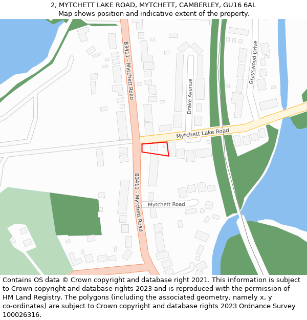 2, MYTCHETT LAKE ROAD, MYTCHETT, CAMBERLEY, GU16 6AL: Location map and indicative extent of plot