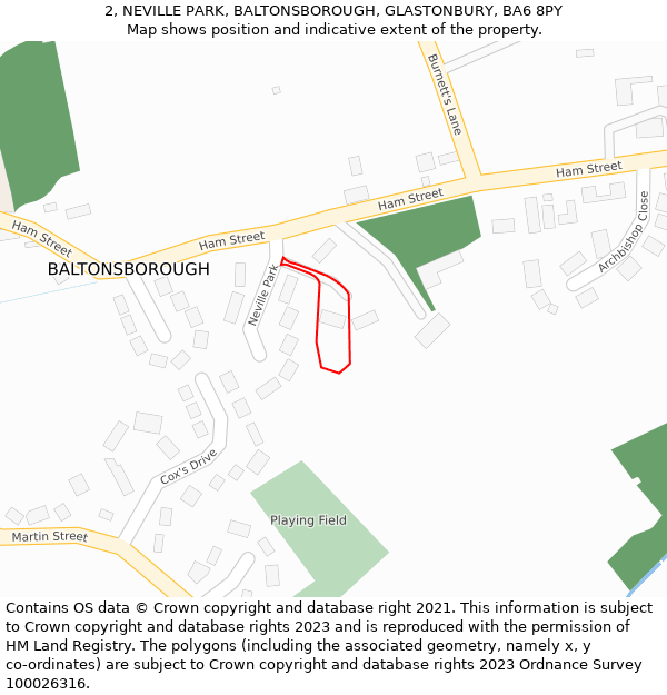 2, NEVILLE PARK, BALTONSBOROUGH, GLASTONBURY, BA6 8PY: Location map and indicative extent of plot