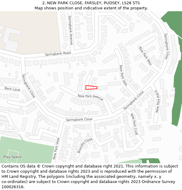 2, NEW PARK CLOSE, FARSLEY, PUDSEY, LS28 5TS: Location map and indicative extent of plot