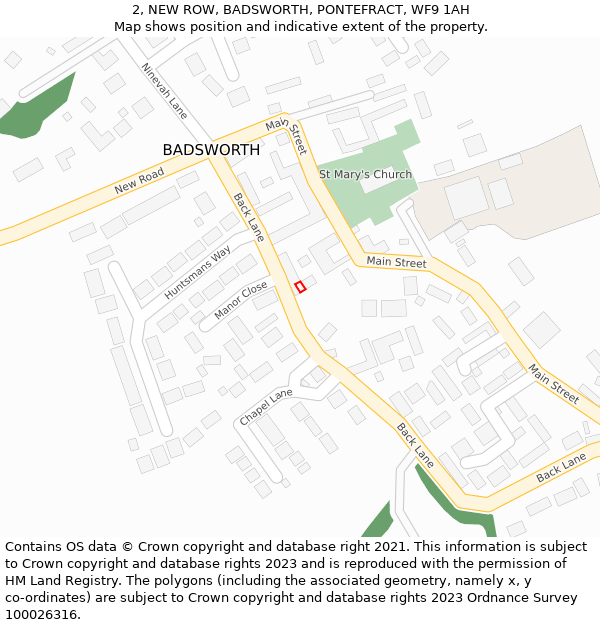 2, NEW ROW, BADSWORTH, PONTEFRACT, WF9 1AH: Location map and indicative extent of plot