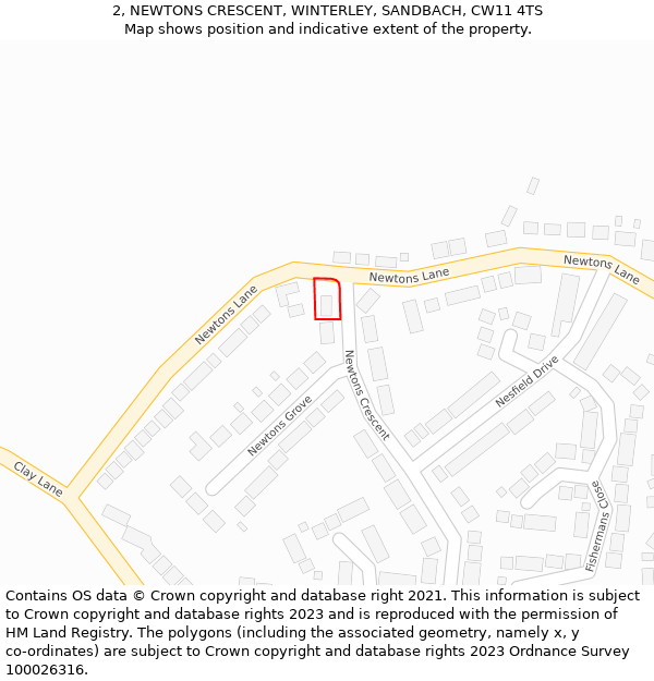 2, NEWTONS CRESCENT, WINTERLEY, SANDBACH, CW11 4TS: Location map and indicative extent of plot