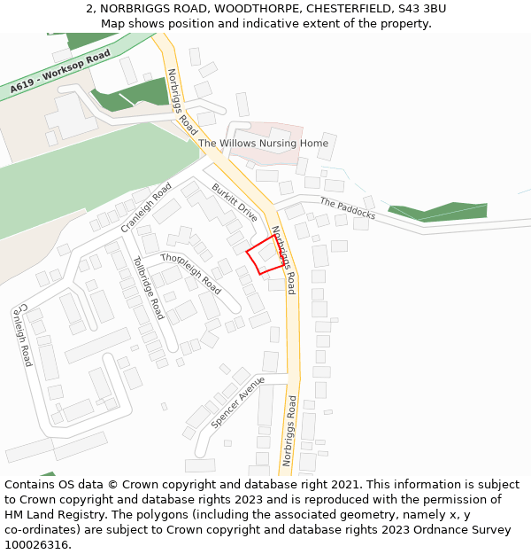 2, NORBRIGGS ROAD, WOODTHORPE, CHESTERFIELD, S43 3BU: Location map and indicative extent of plot