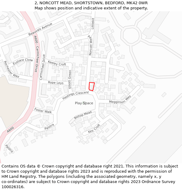 2, NORCOTT MEAD, SHORTSTOWN, BEDFORD, MK42 0WR: Location map and indicative extent of plot