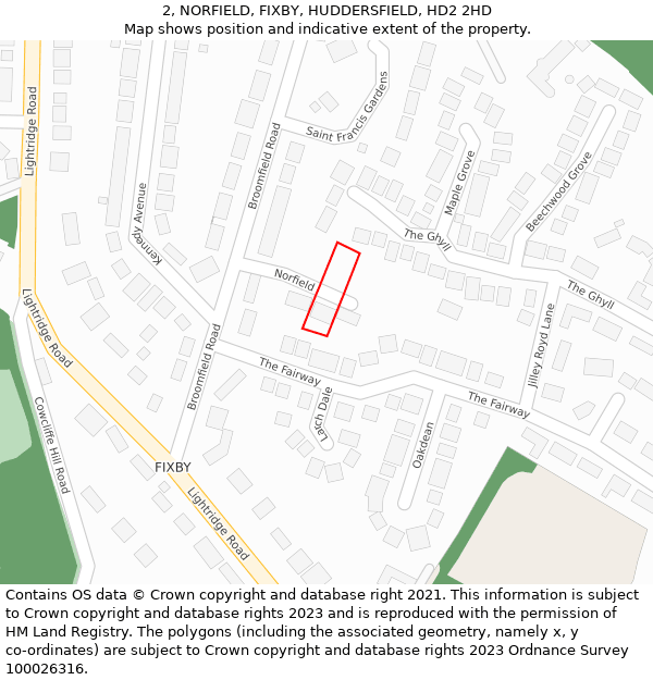 2, NORFIELD, FIXBY, HUDDERSFIELD, HD2 2HD: Location map and indicative extent of plot