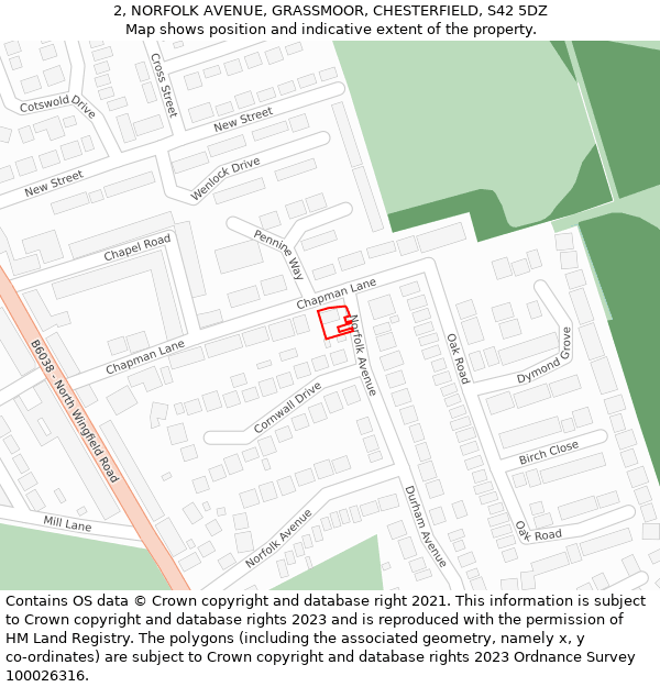 2, NORFOLK AVENUE, GRASSMOOR, CHESTERFIELD, S42 5DZ: Location map and indicative extent of plot