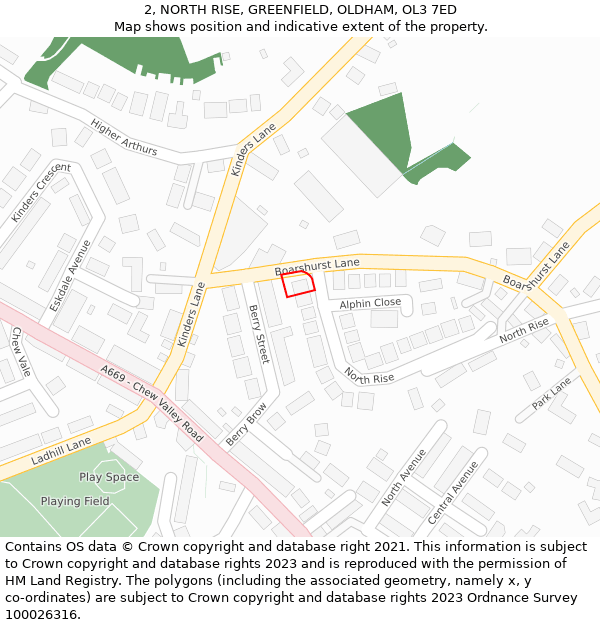 2, NORTH RISE, GREENFIELD, OLDHAM, OL3 7ED: Location map and indicative extent of plot