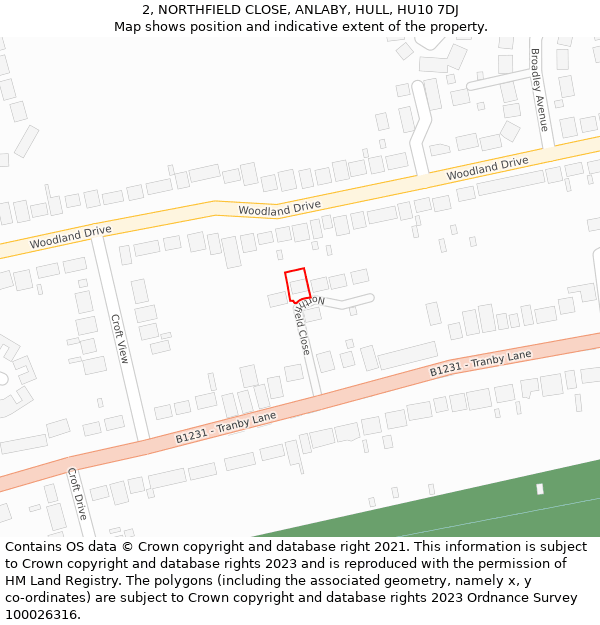 2, NORTHFIELD CLOSE, ANLABY, HULL, HU10 7DJ: Location map and indicative extent of plot