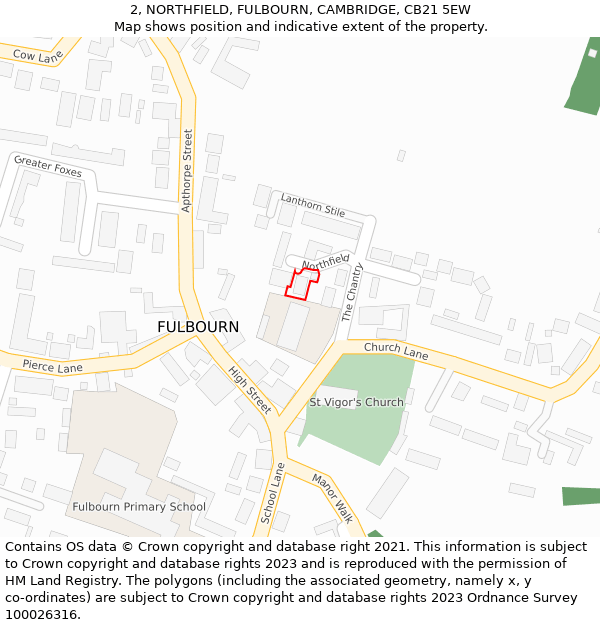 2, NORTHFIELD, FULBOURN, CAMBRIDGE, CB21 5EW: Location map and indicative extent of plot