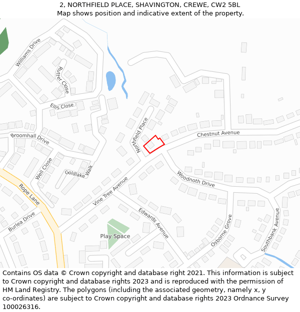 2, NORTHFIELD PLACE, SHAVINGTON, CREWE, CW2 5BL: Location map and indicative extent of plot