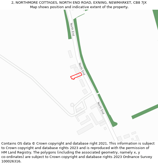 2, NORTHMORE COTTAGES, NORTH END ROAD, EXNING, NEWMARKET, CB8 7JX: Location map and indicative extent of plot