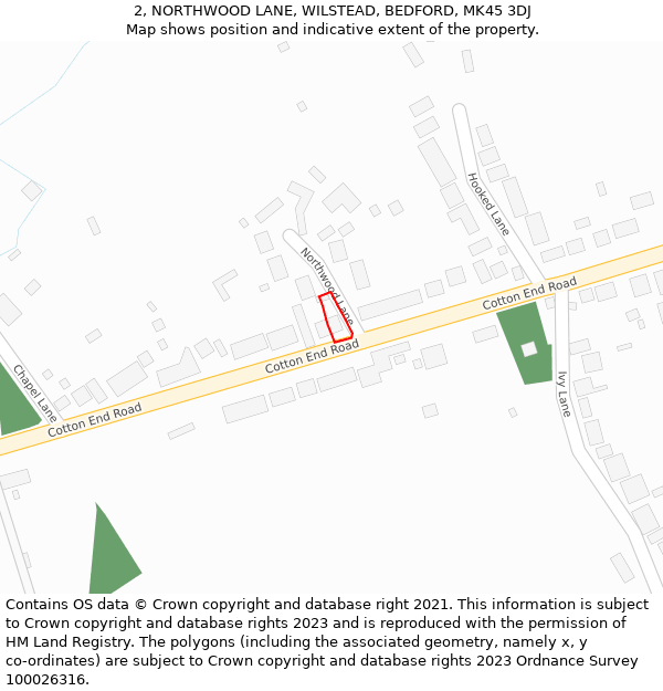 2, NORTHWOOD LANE, WILSTEAD, BEDFORD, MK45 3DJ: Location map and indicative extent of plot