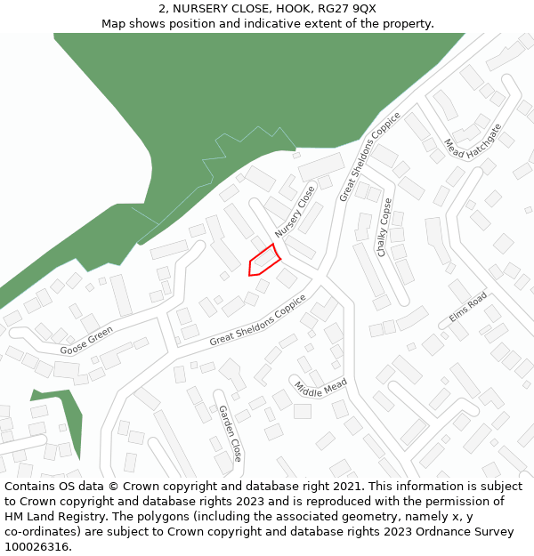 2, NURSERY CLOSE, HOOK, RG27 9QX: Location map and indicative extent of plot