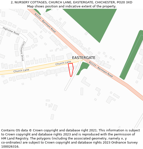 2, NURSERY COTTAGES, CHURCH LANE, EASTERGATE, CHICHESTER, PO20 3XD: Location map and indicative extent of plot