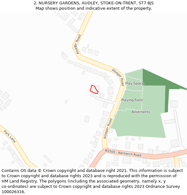 2, NURSERY GARDENS, AUDLEY, STOKE-ON-TRENT, ST7 8JS: Location map and indicative extent of plot