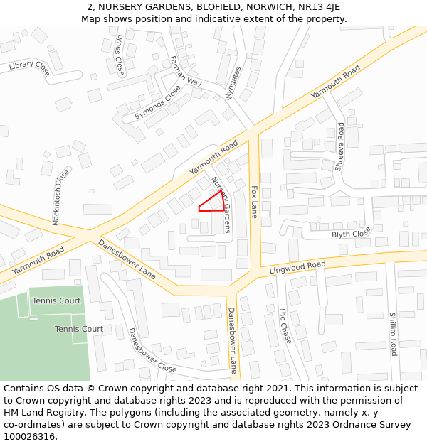 2, NURSERY GARDENS, BLOFIELD, NORWICH, NR13 4JE: Location map and indicative extent of plot