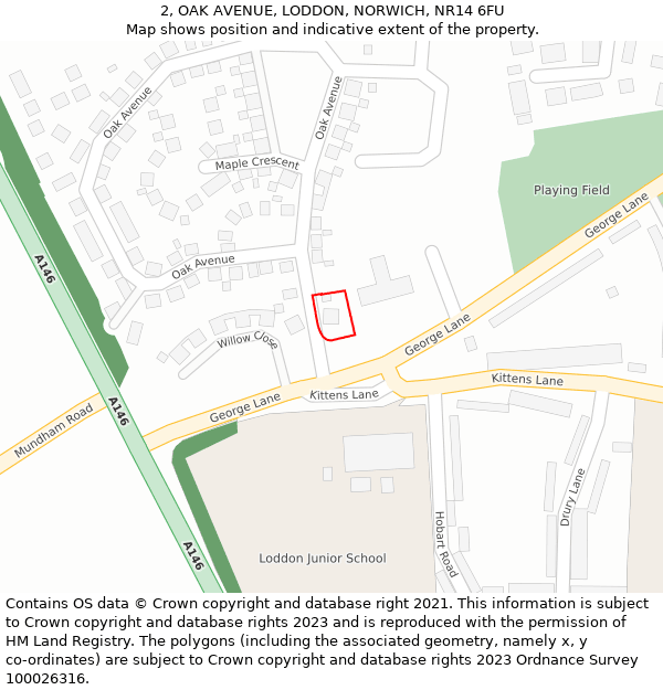 2, OAK AVENUE, LODDON, NORWICH, NR14 6FU: Location map and indicative extent of plot